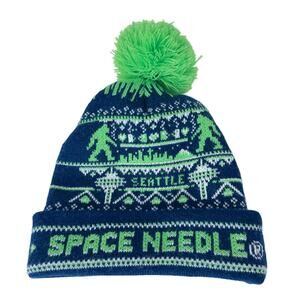 Seattle Space Needle Souvenir Beanie Hat OS Blue Green Knit Stylish‎ Pom Pom